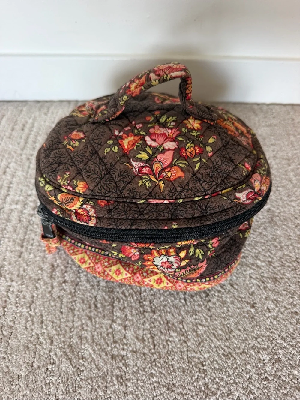 VERA BRADLEY Vintage Quilted Floral Brown Cosmetic Makeup Bag